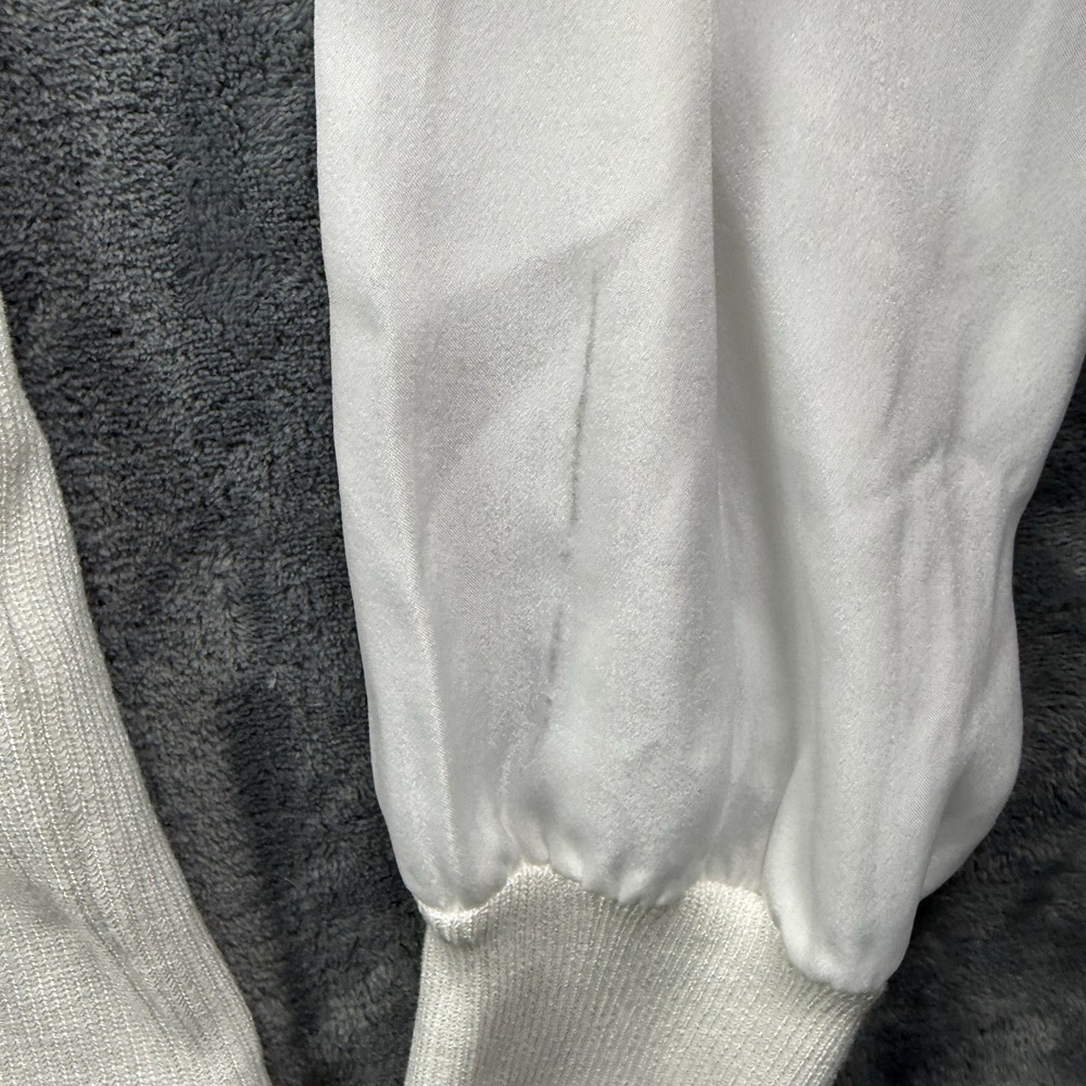 DKNY Women's White Rib Knit Sweater Sheer Satin Puff Sleeve V-Neck Size Large - Picture 4 of 6